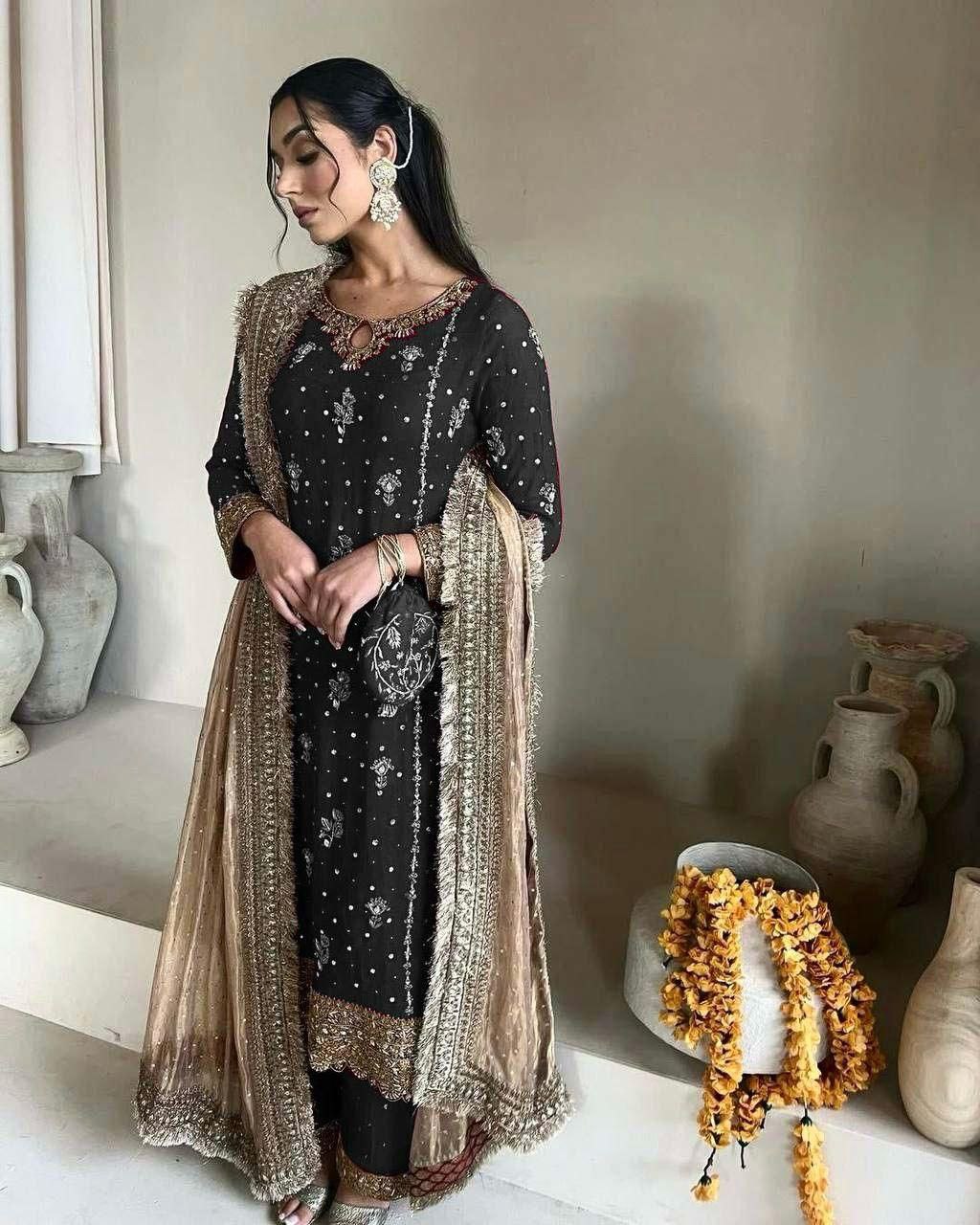 Desirable Fancy Faux Georgette Suit Set with Handmade Moti Work