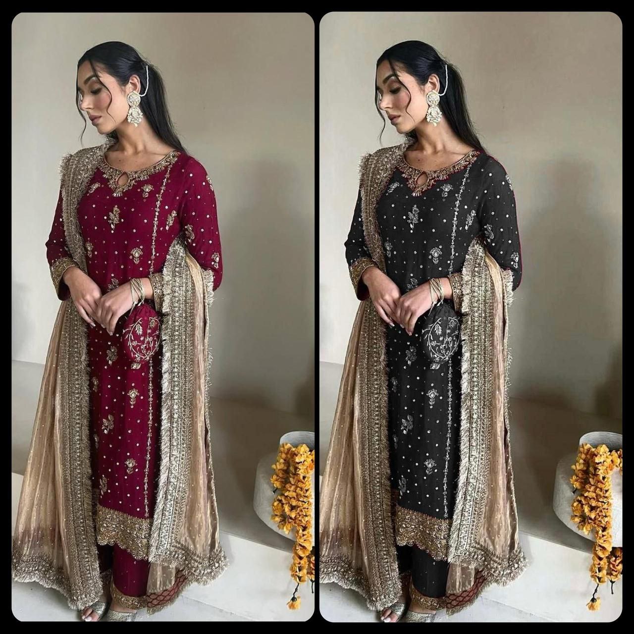 Desirable Fancy Faux Georgette Suit Set with Handmade Moti Work