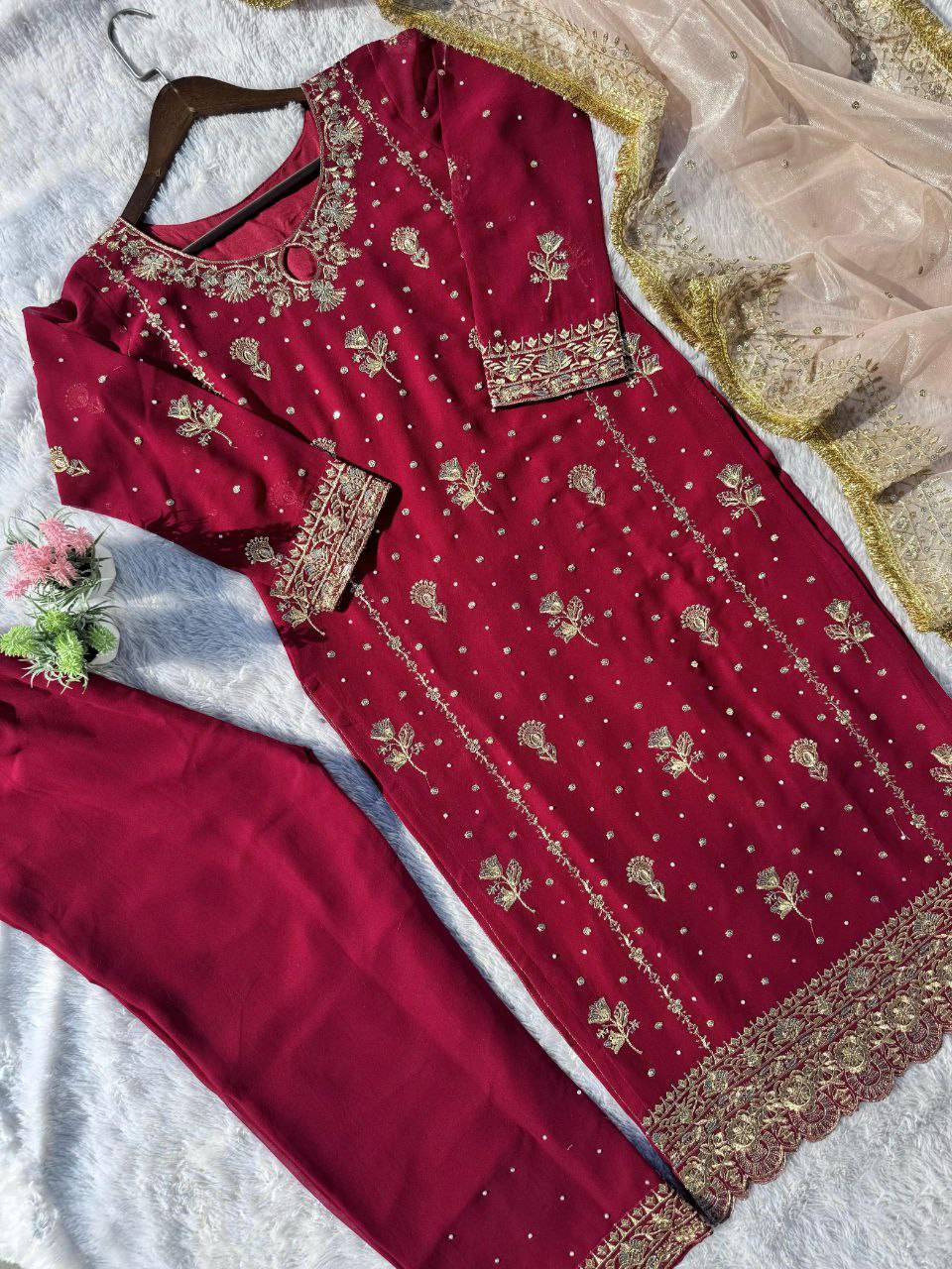 Desirable Fancy Faux Georgette Suit Set with Handmade Moti Work