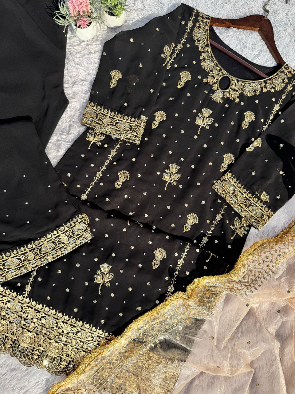 Desirable Fancy Faux Georgette Suit Set with Handmade Moti Work