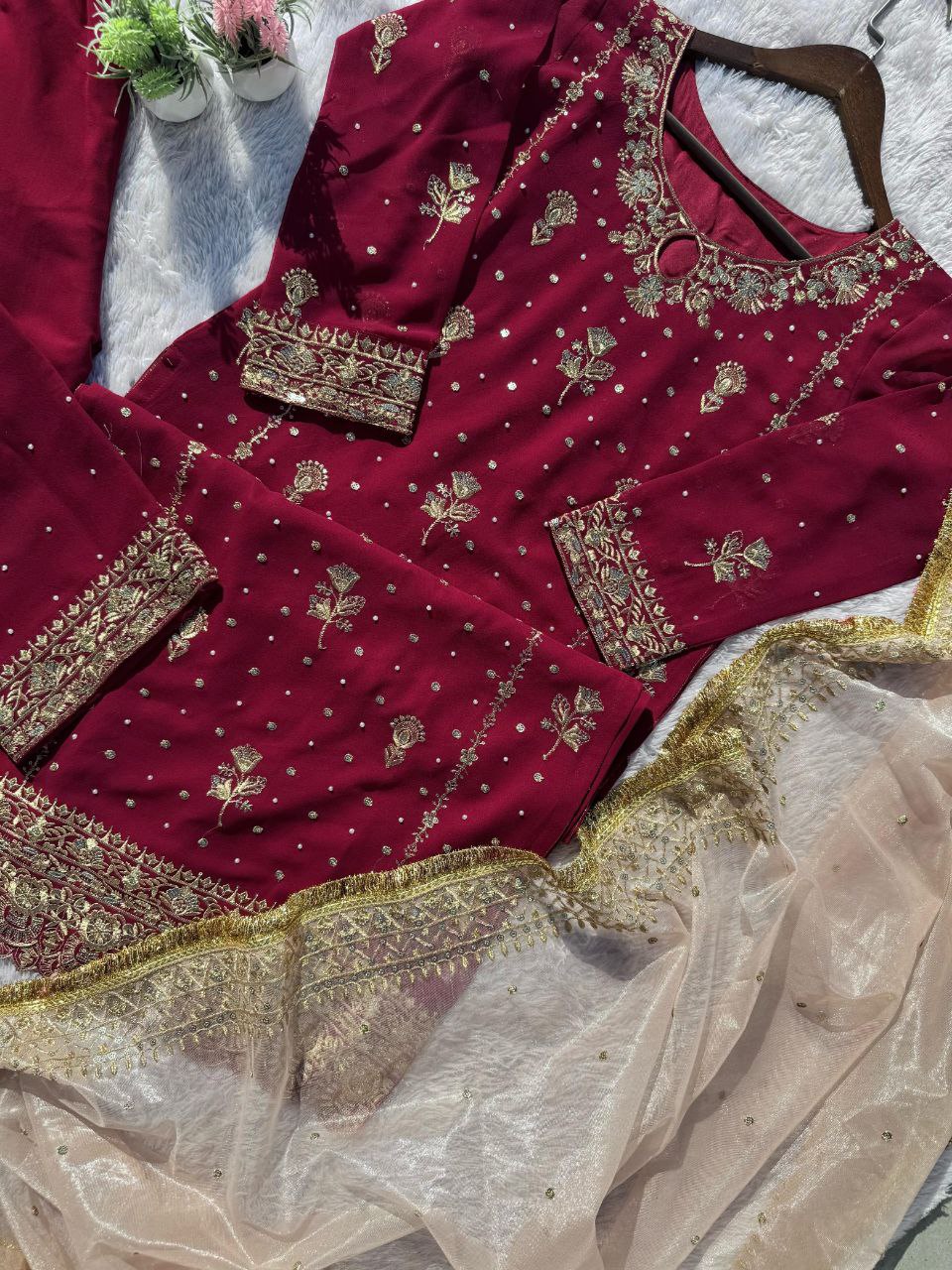 Desirable Fancy Faux Georgette Suit Set with Handmade Moti Work