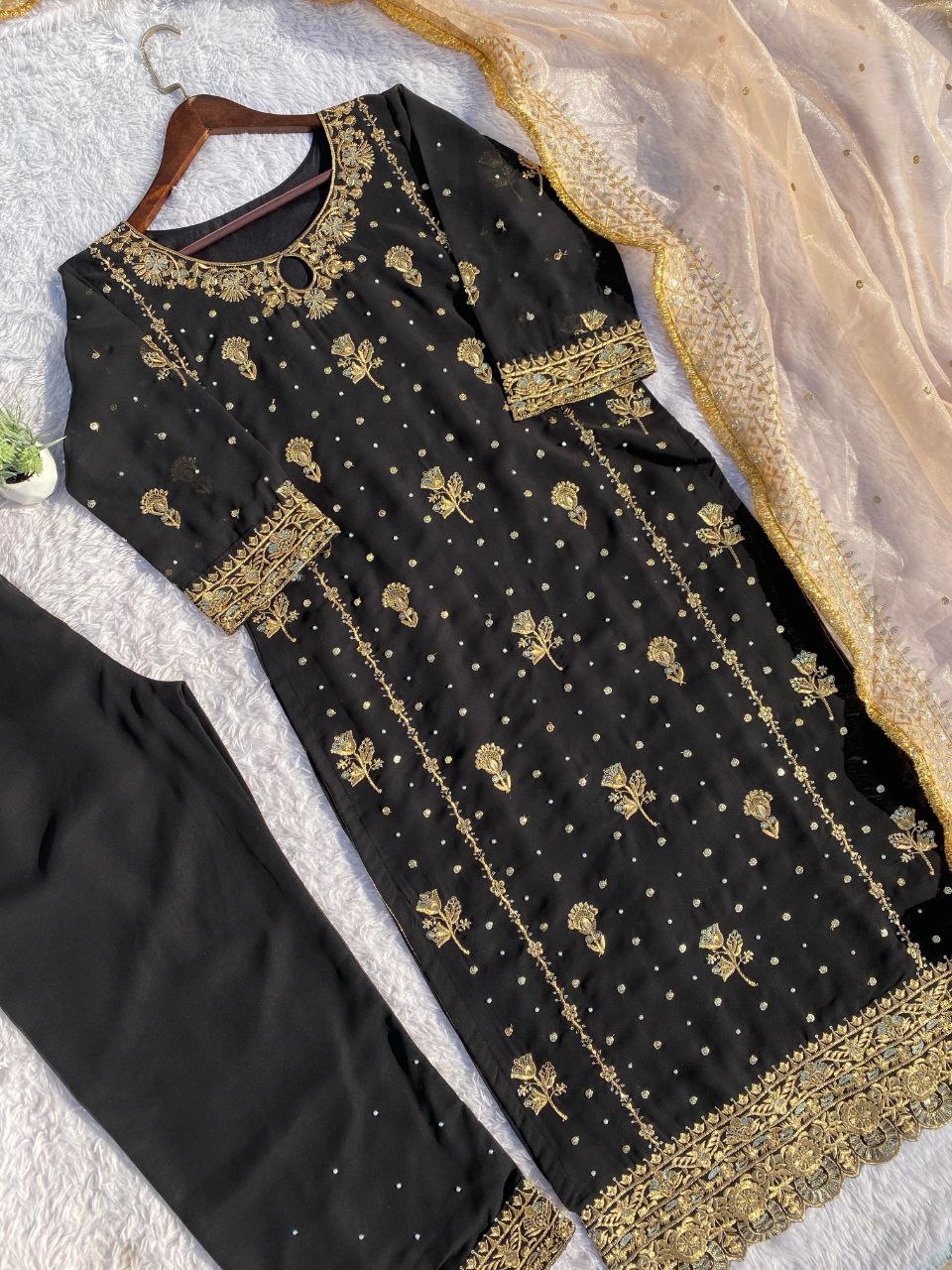 Desirable Fancy Faux Georgette Suit Set with Handmade Moti Work