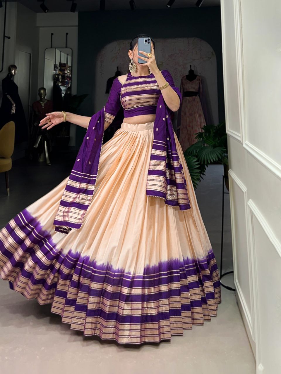Elegant Chanderi Lehenga Choli Set with Zari Weaving Work
