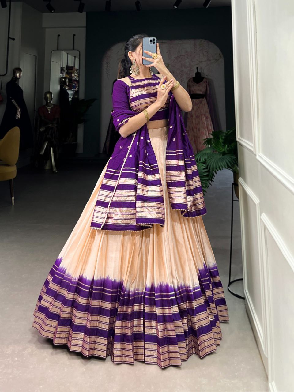 Elegant Chanderi Lehenga Choli Set with Zari Weaving Work