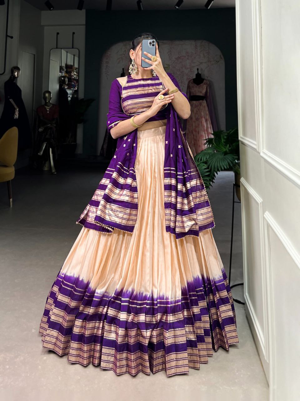 Elegant Chanderi Lehenga Choli Set with Zari Weaving Work