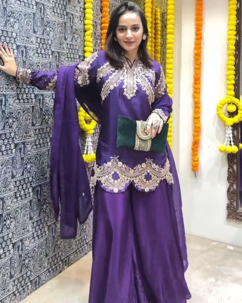 Elegant Chinon Silk Party Wear Top, Plazzo & Dupatta Set with Embroidery & Tassels