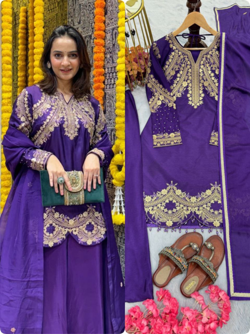 Elegant Chinon Silk Party Wear Top, Plazzo & Dupatta Set with Embroidery & Tassels