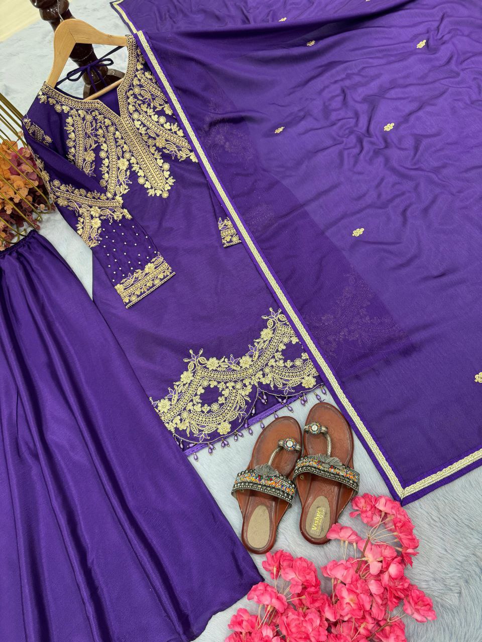 Elegant Chinon Silk Party Wear Top, Plazzo & Dupatta Set with Embroidery & Tassels