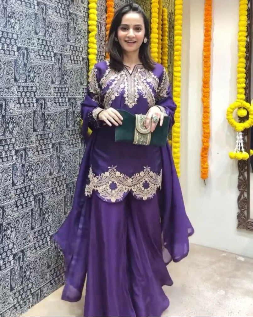 Elegant Chinon Silk Party Wear Top, Plazzo & Dupatta Set with Embroidery & Tassels