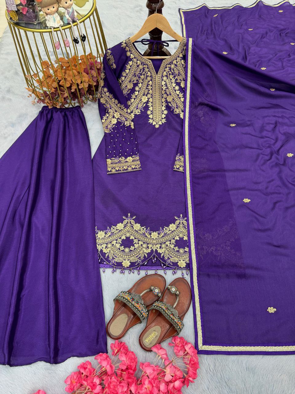 Elegant Chinon Silk Party Wear Top, Plazzo & Dupatta Set with Embroidery & Tassels