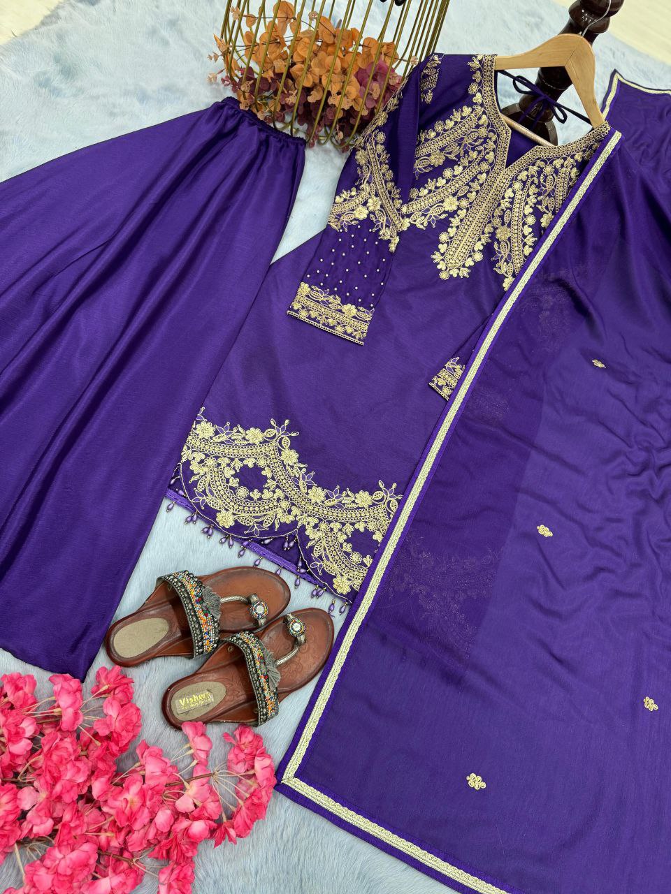 Elegant Chinon Silk Party Wear Top, Plazzo & Dupatta Set with Embroidery & Tassels