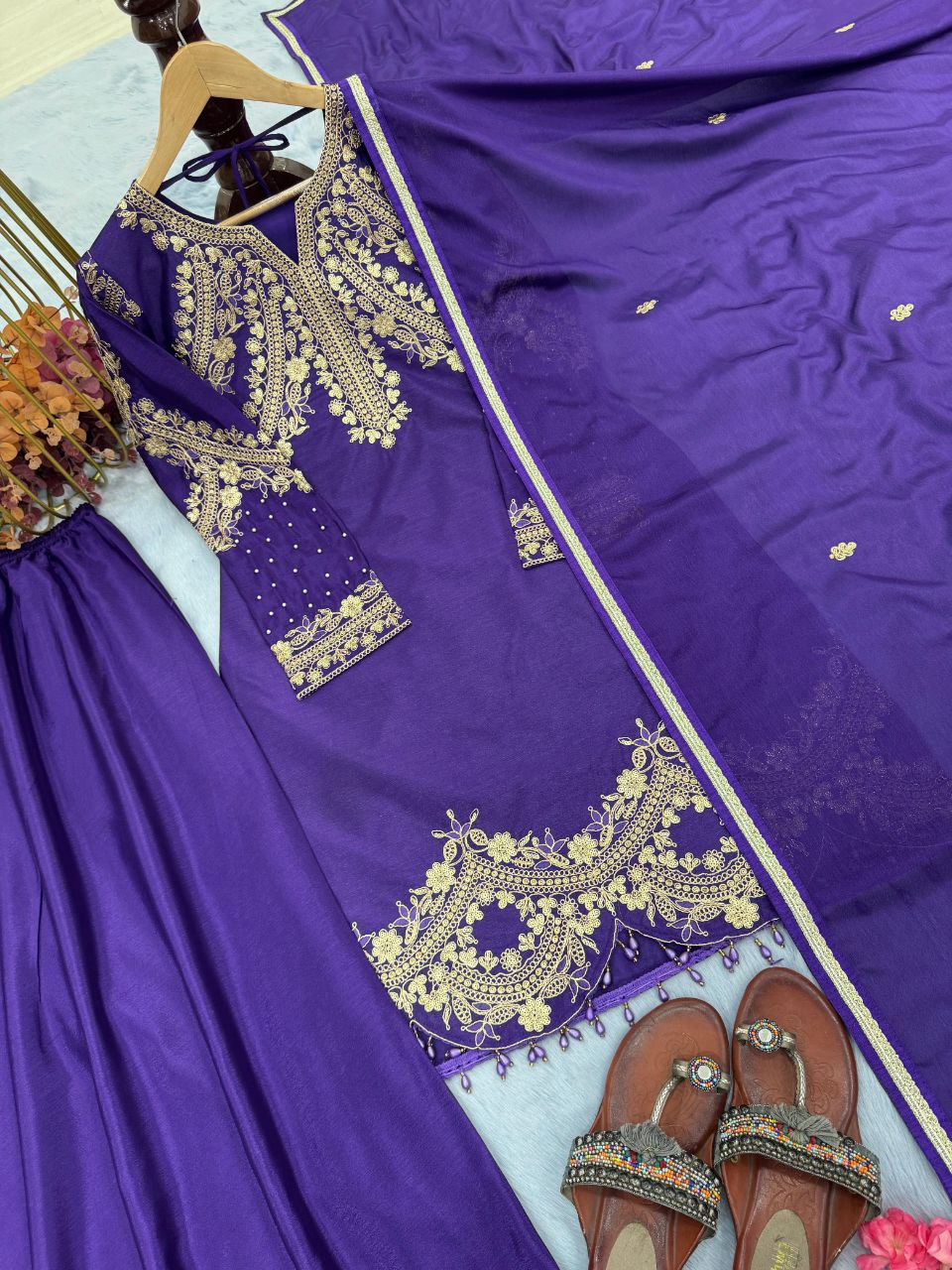 Elegant Chinon Silk Party Wear Top, Plazzo & Dupatta Set with Embroidery & Tassels
