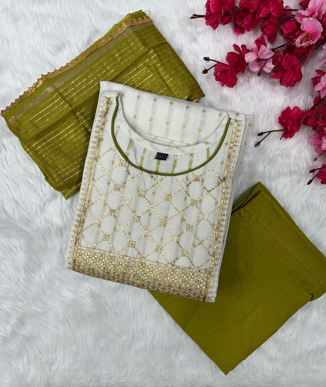Elegant Cotton Kurti, Pant & Dupatta Set with Embroidery & Sequins Work β Premium Quality