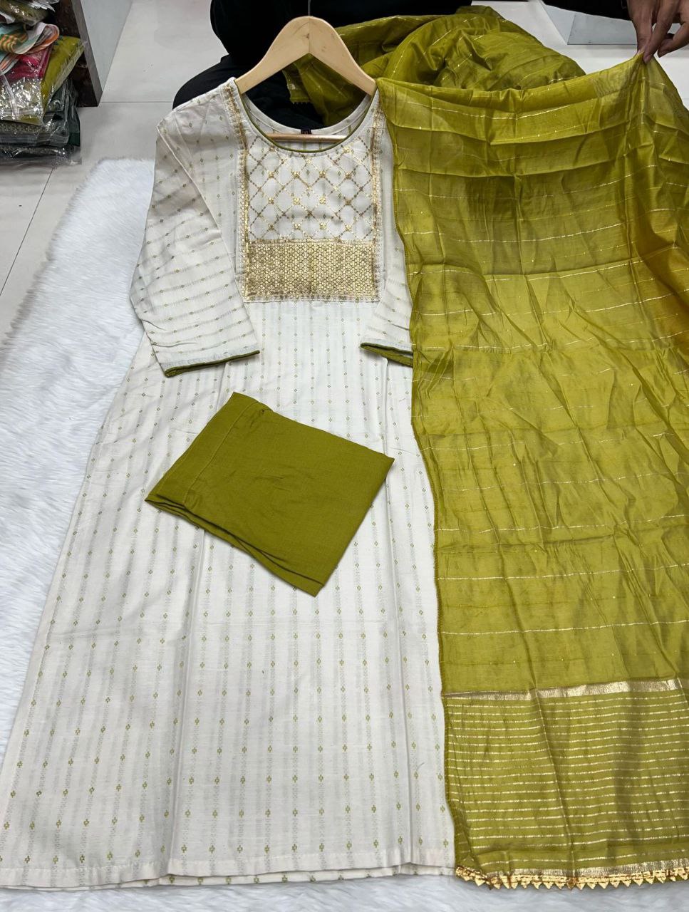 Elegant Cotton Kurti, Pant & Dupatta Set with Embroidery & Sequins Work β Premium Quality