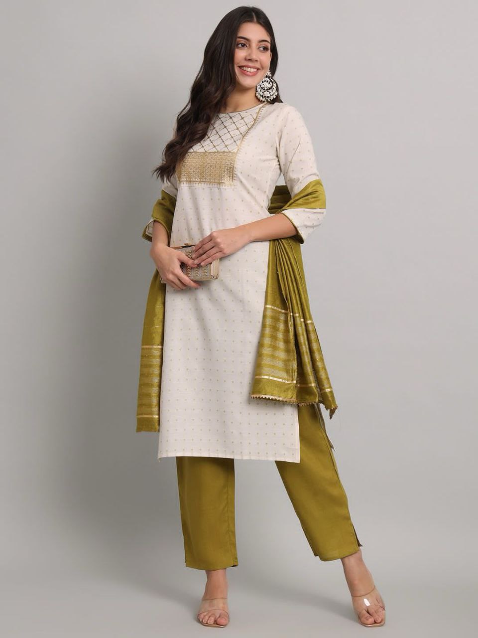 Elegant Cotton Kurti, Pant & Dupatta Set with Embroidery & Sequins Work β Premium Quality