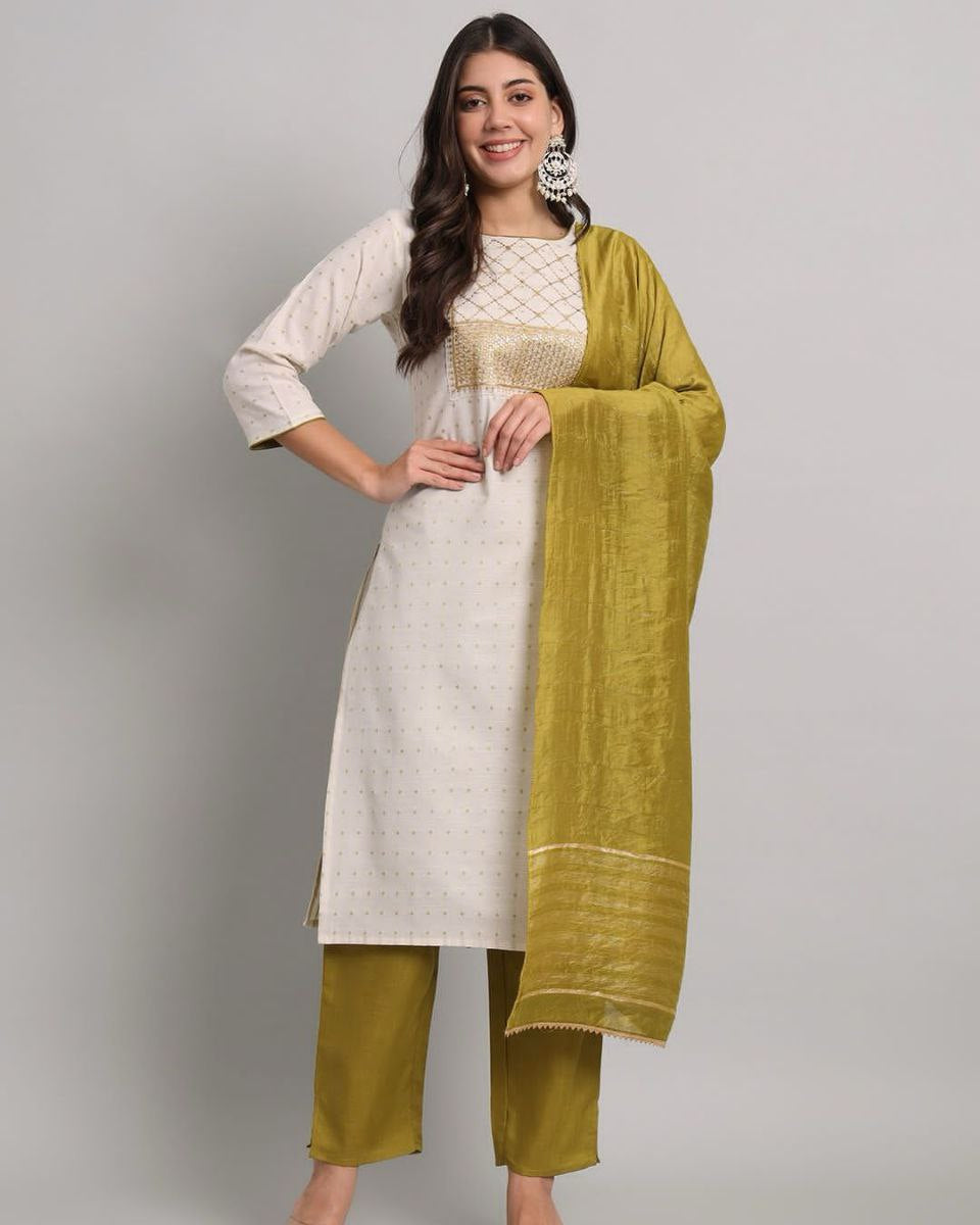 Elegant Cotton Kurti, Pant & Dupatta Set with Embroidery & Sequins Work β Premium Quality