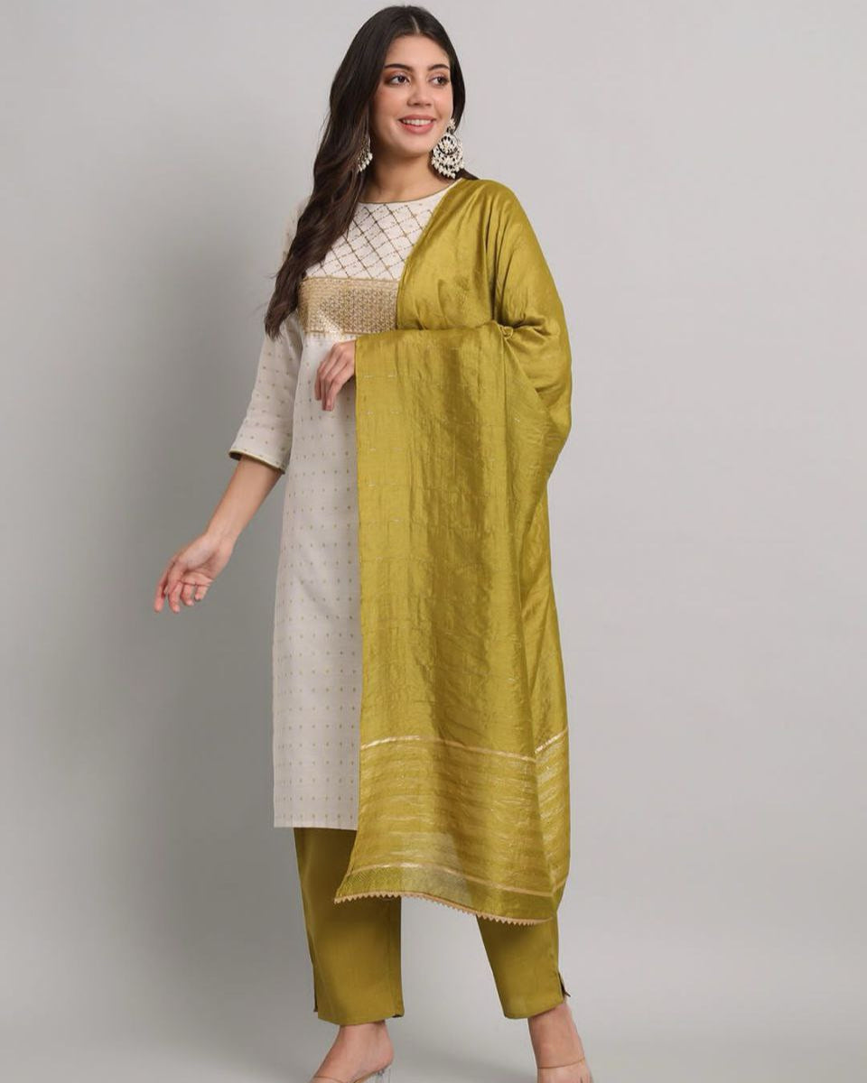 Elegant Cotton Kurti, Pant & Dupatta Set with Embroidery & Sequins Work β Premium Quality