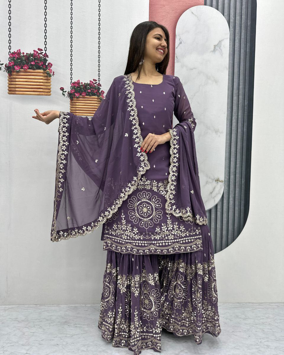 Elegant Designer Party Wear Suit with Embroidered Sarara and Dupatta
