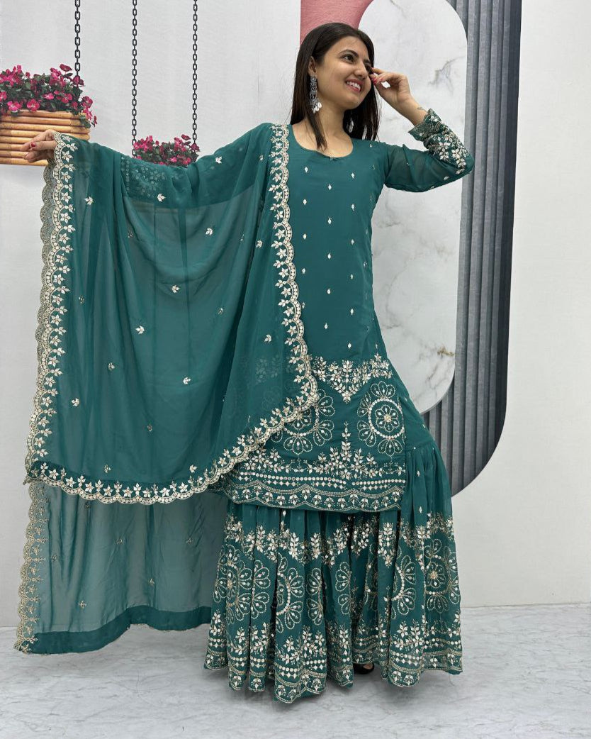 Elegant Designer Party Wear Suit with Embroidered Sarara and Dupatta