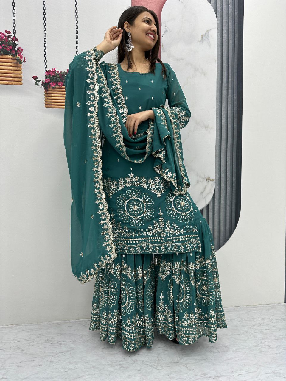 Elegant Designer Party Wear Suit with Embroidered Sarara and Dupatta