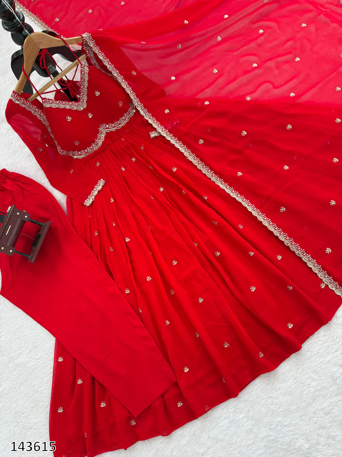 Karwa Chauth Special Red Anarkali Suit Set | 3-Piece Ethnic Party Wear Dress with Pant & Dupatta