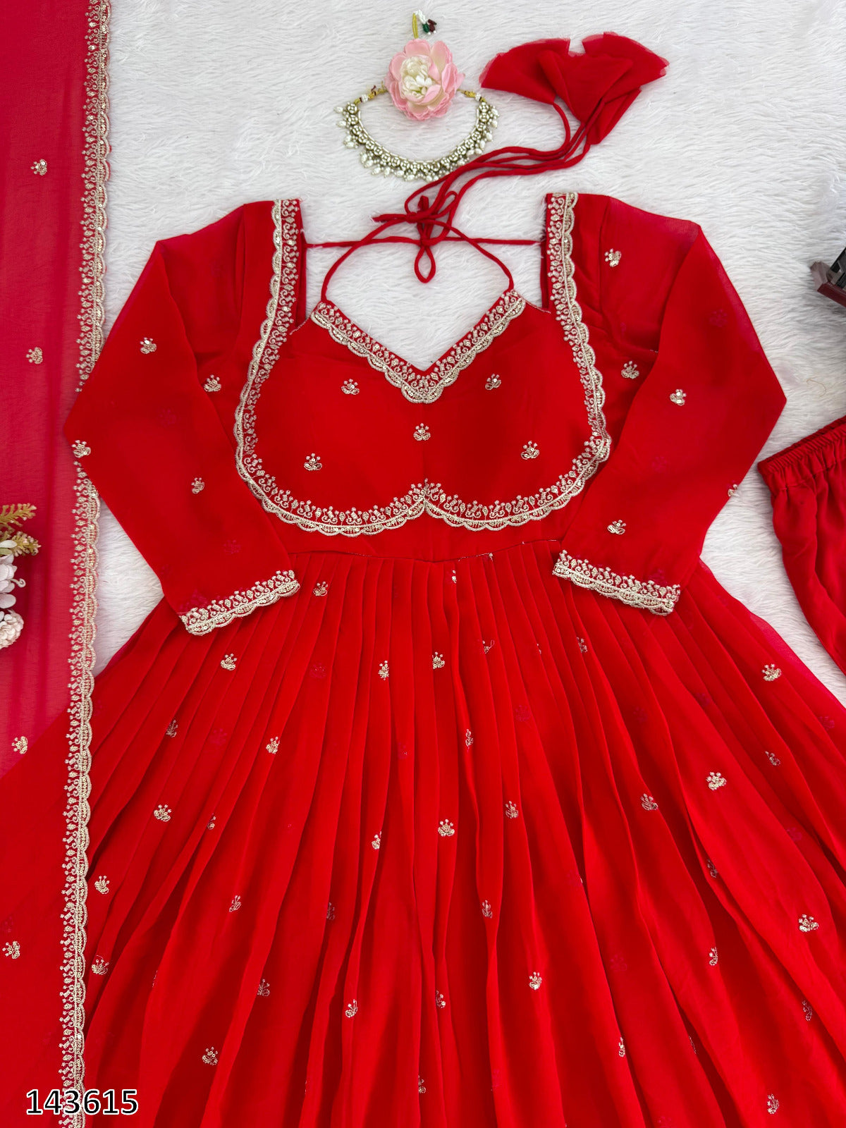 Karwa Chauth Special Red Anarkali Suit Set | 3-Piece Ethnic Party Wear Dress with Pant & Dupatta