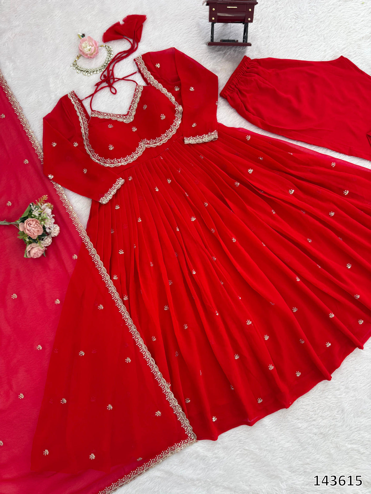 Karwa Chauth Special Red Anarkali Suit Set | 3-Piece Ethnic Party Wear Dress with Pant & Dupatta