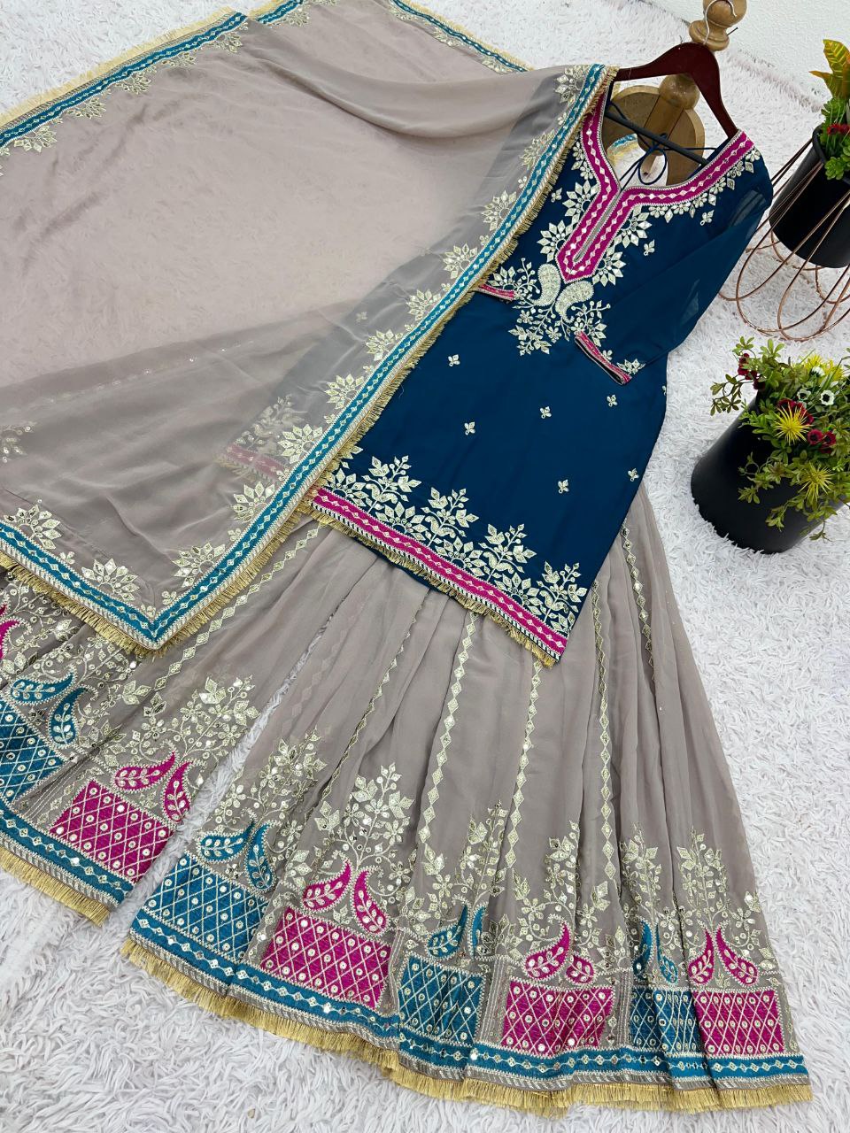 Elegant Faux Georgette Embroidered Sharara Set with Dupatta | Party Wear for Women | Fully Stitched