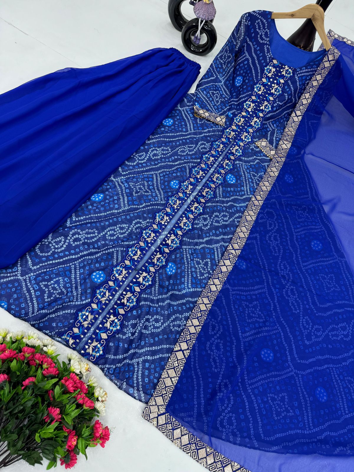 Elegant Faux Georgette Fancy Cut Top & Plazzo Suit Set with Embroidery & Sequins Work