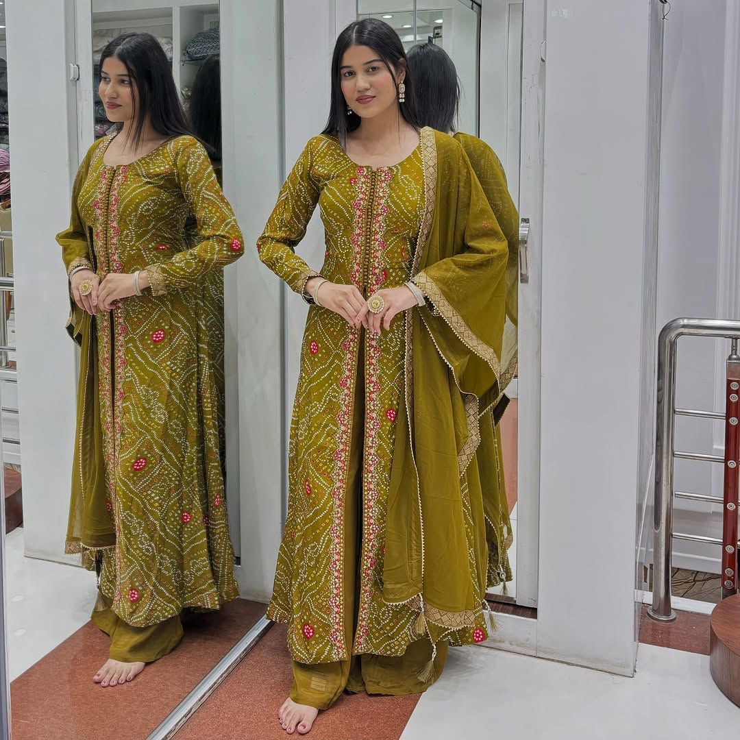 Elegant Faux Georgette Fancy Cut Top & Plazzo Suit Set with Embroidery & Sequins Work