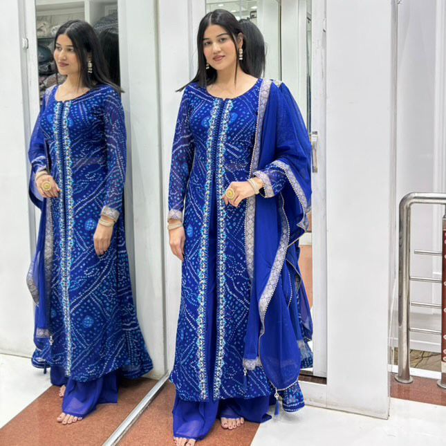Elegant Faux Georgette Fancy Cut Top & Plazzo Suit Set with Embroidery & Sequins Work