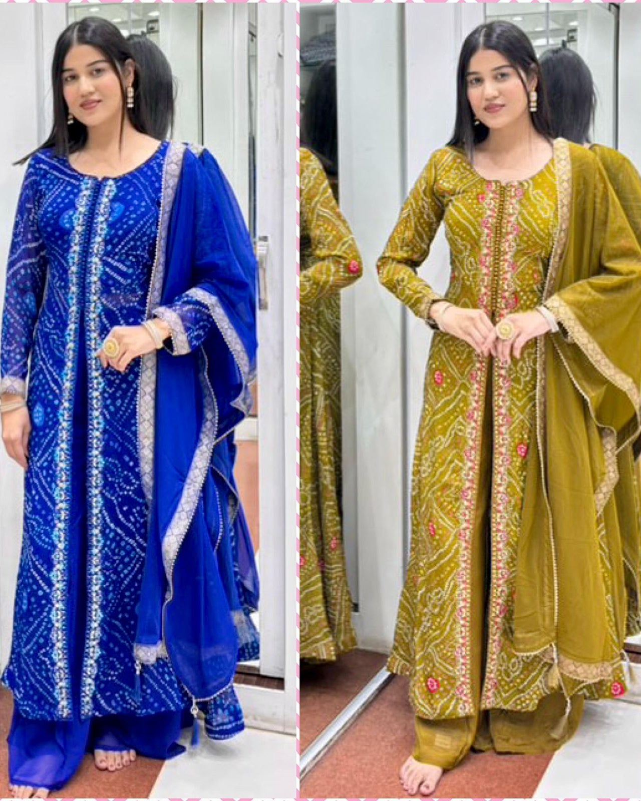 Elegant Faux Georgette Fancy Cut Top & Plazzo Suit Set with Embroidery & Sequins Work