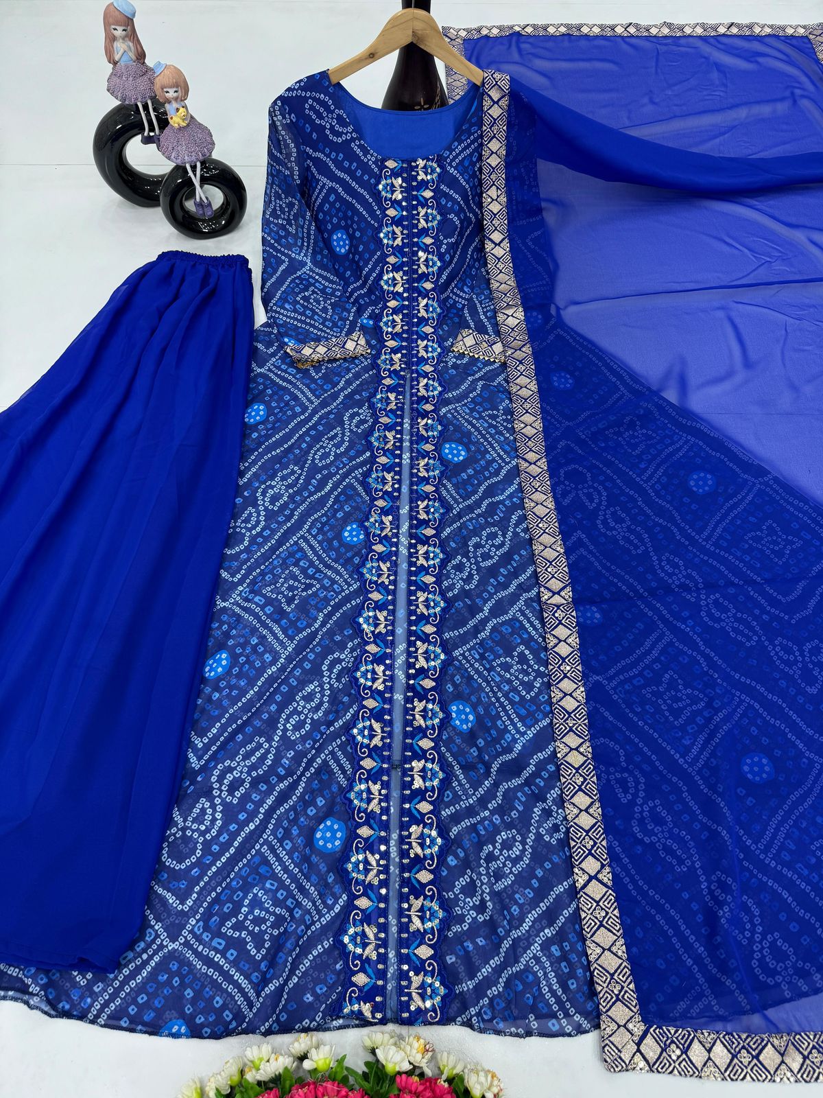Elegant Faux Georgette Fancy Cut Top & Plazzo Suit Set with Embroidery & Sequins Work