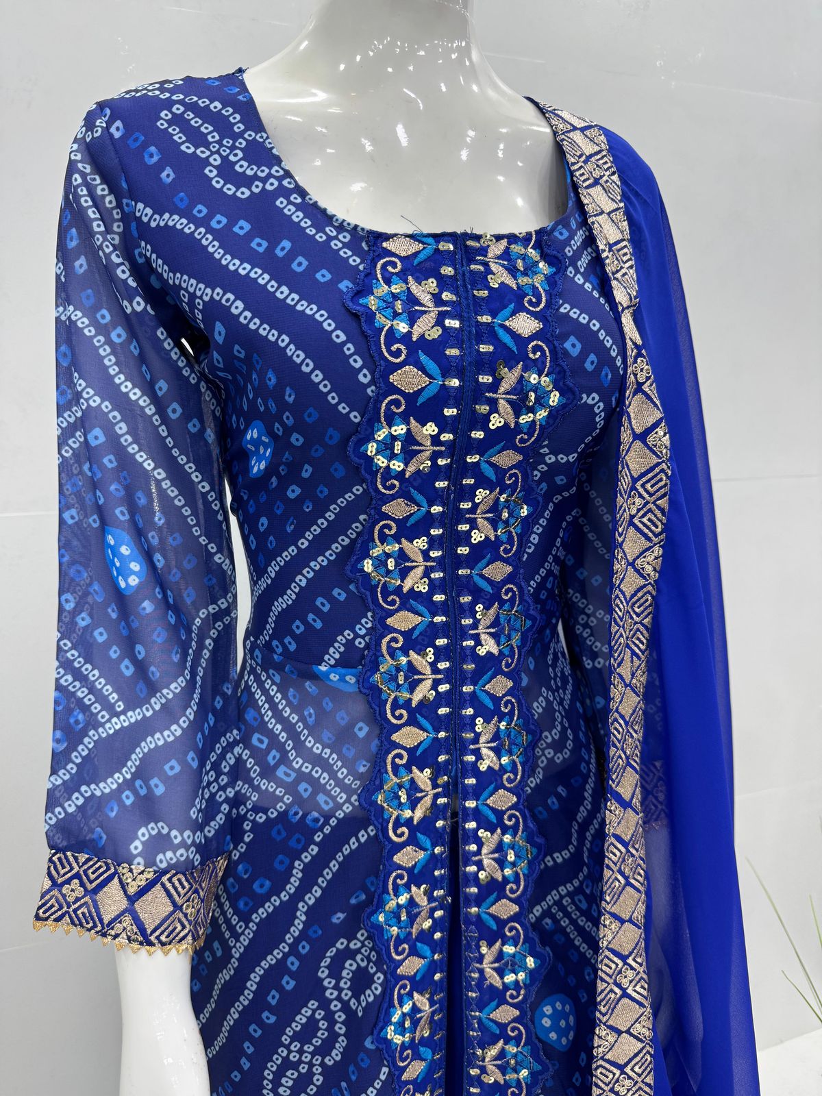 Elegant Faux Georgette Fancy Cut Top & Plazzo Suit Set with Embroidery & Sequins Work