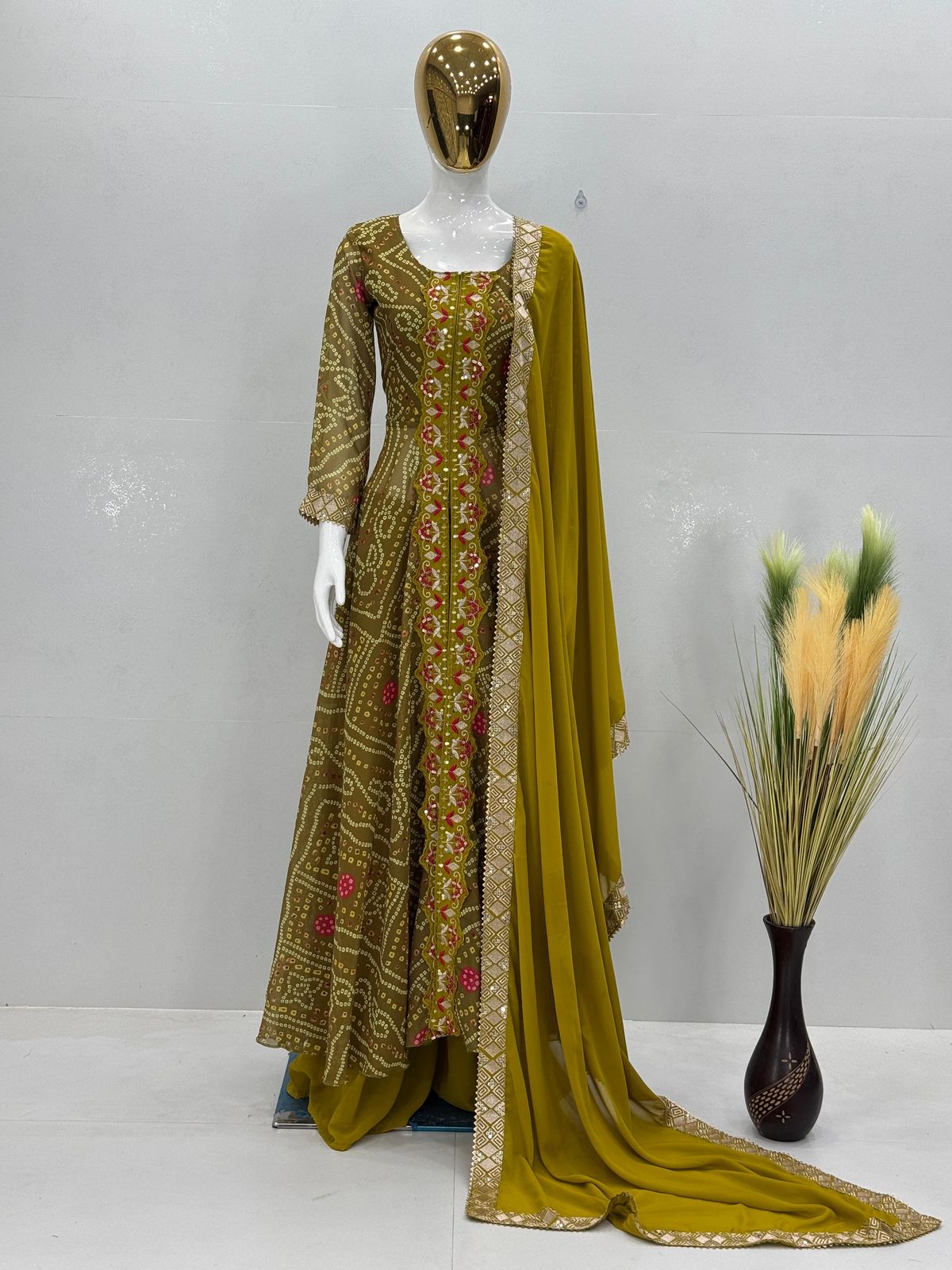 Elegant Faux Georgette Fancy Cut Top & Plazzo Suit Set with Embroidery & Sequins Work