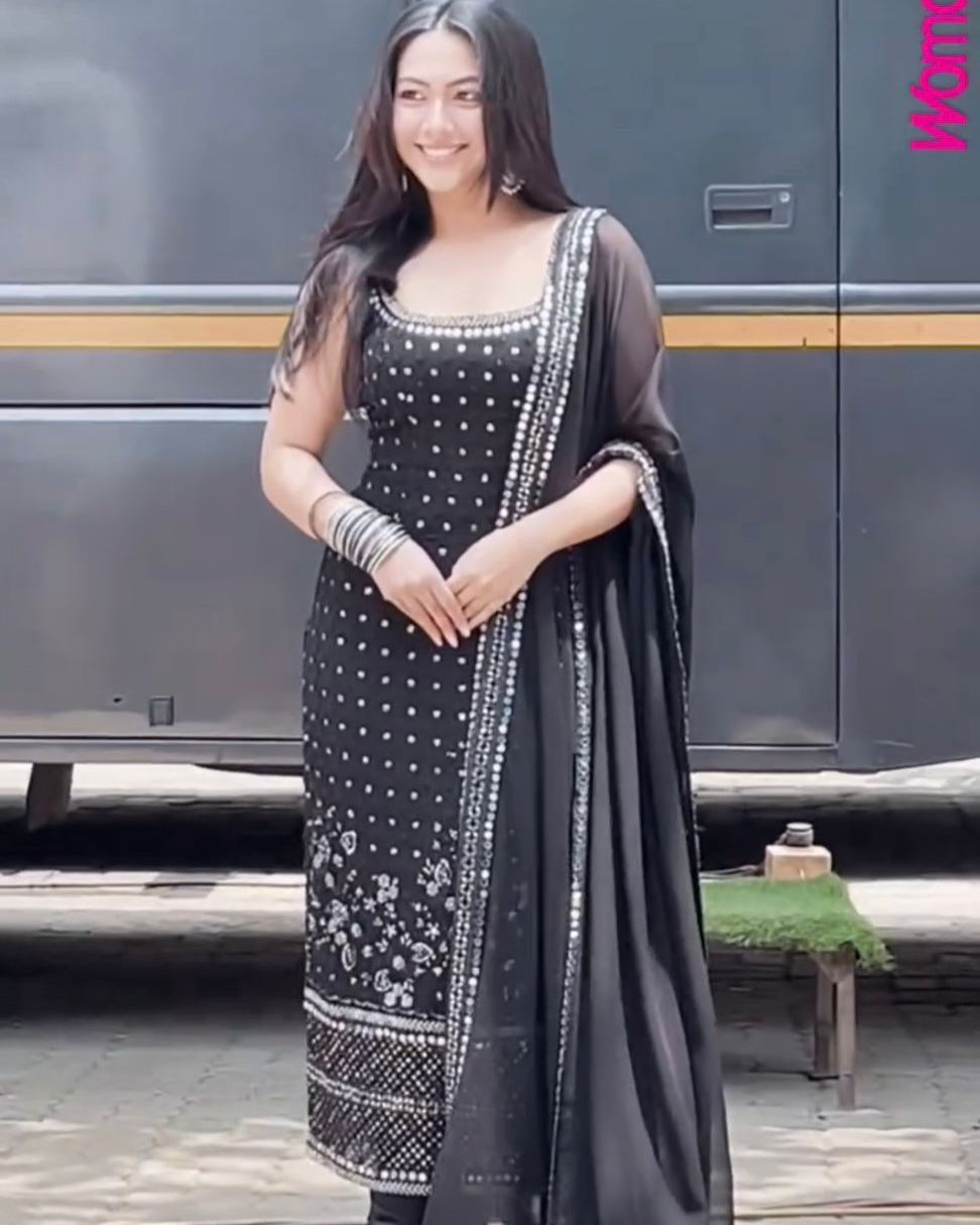 Elegant Fox Georgette 3-Piece Anarkali Set with Real Mirror Work