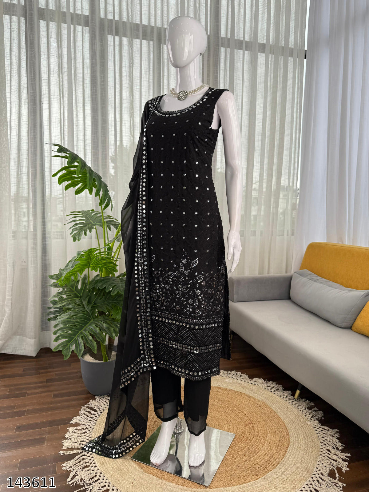 Elegant Fox Georgette 3-Piece Anarkali Set with Real Mirror Work