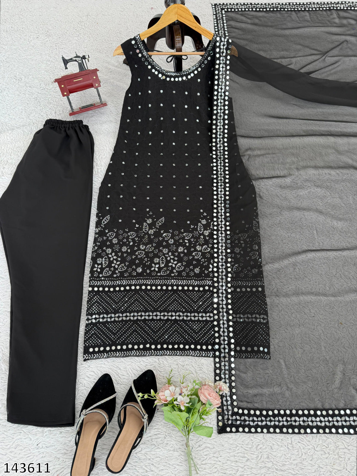Elegant Fox Georgette 3-Piece Anarkali Set with Real Mirror Work
