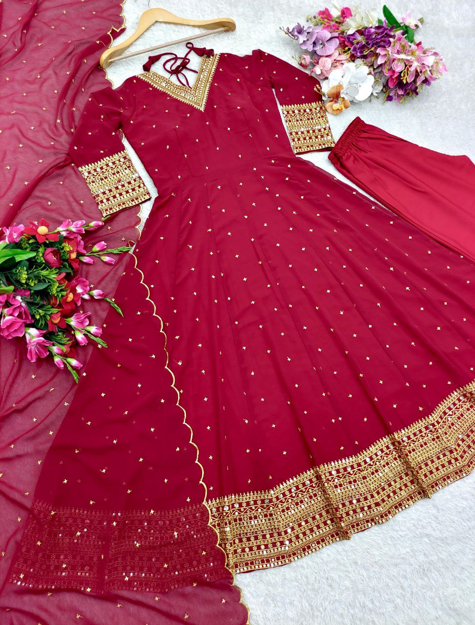 Elegant Fox Georgette Gown & Pant Dupatta Set – Fully Stitched & Ready to Wear