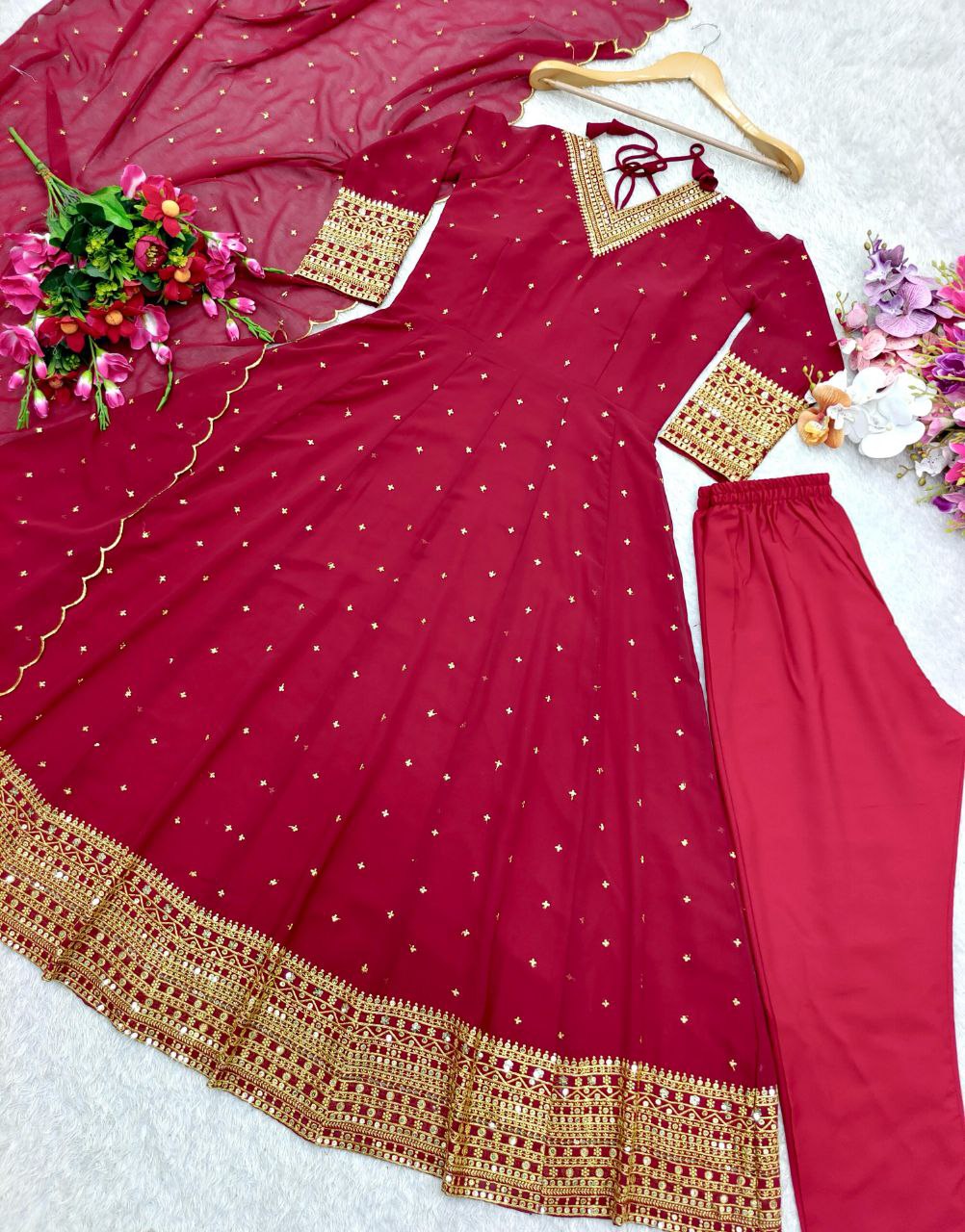 Elegant Fox Georgette Gown & Pant Dupatta Set – Fully Stitched & Ready to Wear
