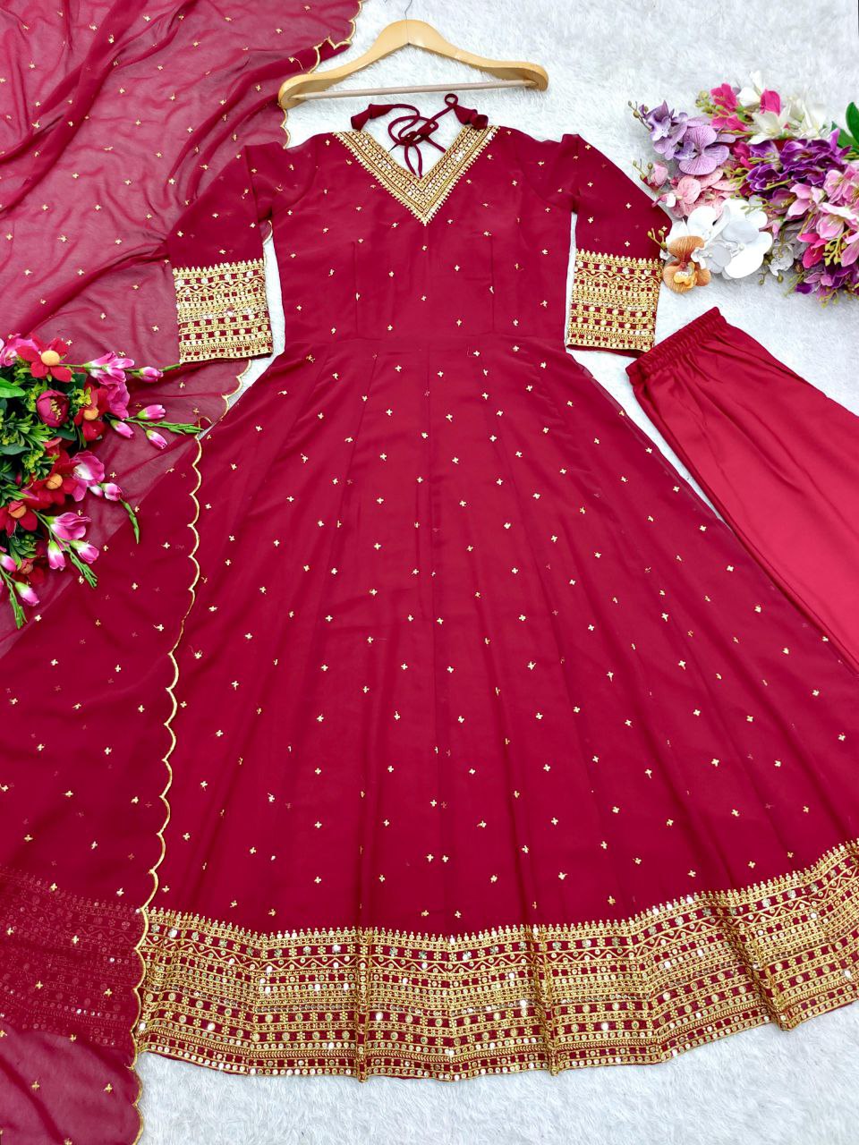 Elegant Fox Georgette Gown & Pant Dupatta Set – Fully Stitched & Ready to Wear