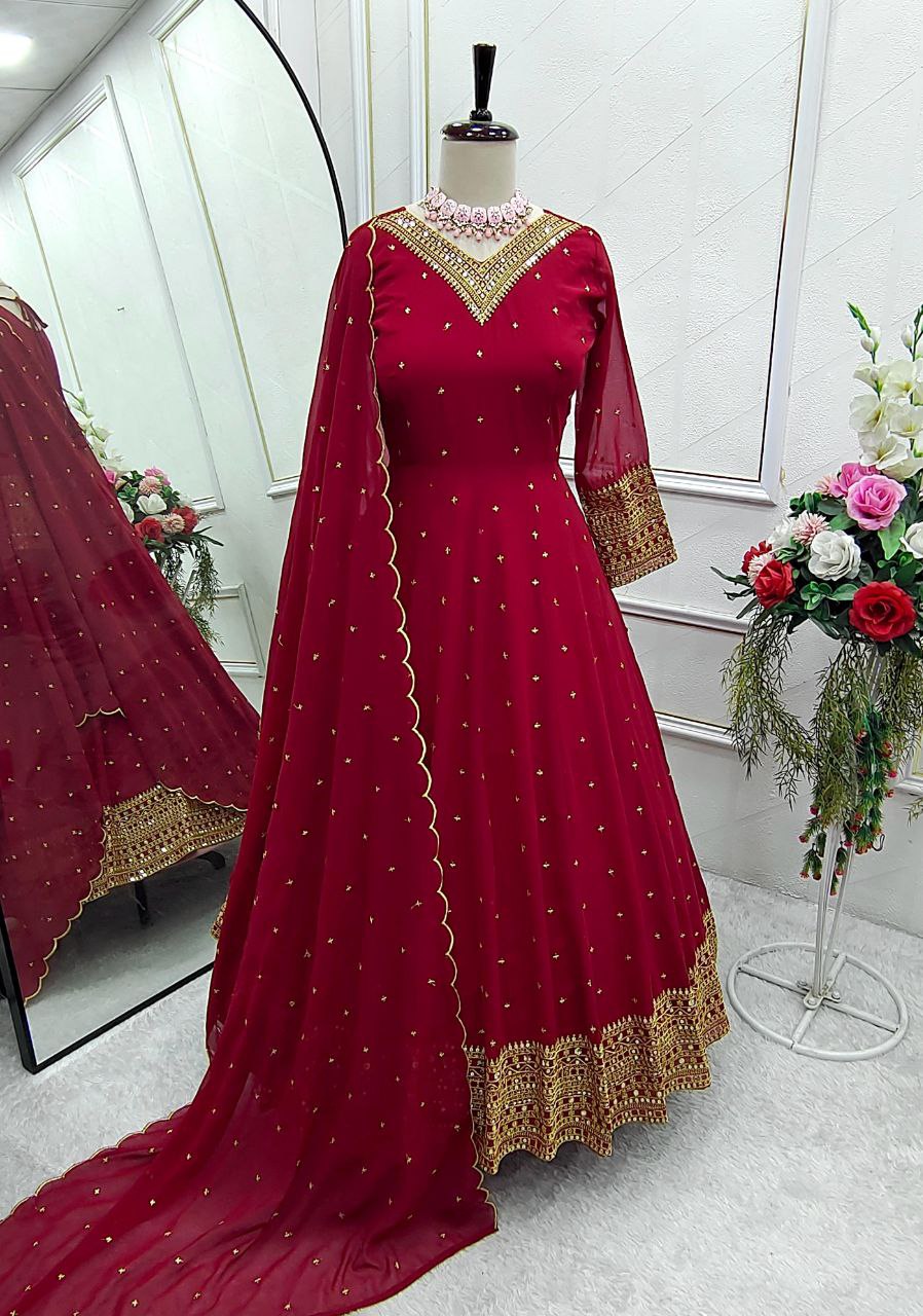Elegant Fox Georgette Gown & Pant Dupatta Set – Fully Stitched & Ready to Wear