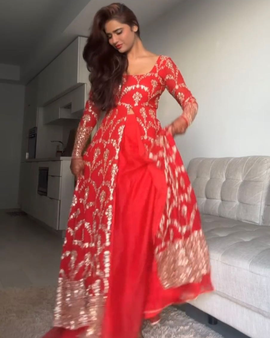 Red Gown Suit Dress For Karwa Chauth: Elegant Fox Georgette Party Wear Suit with Thread & Sequence Work