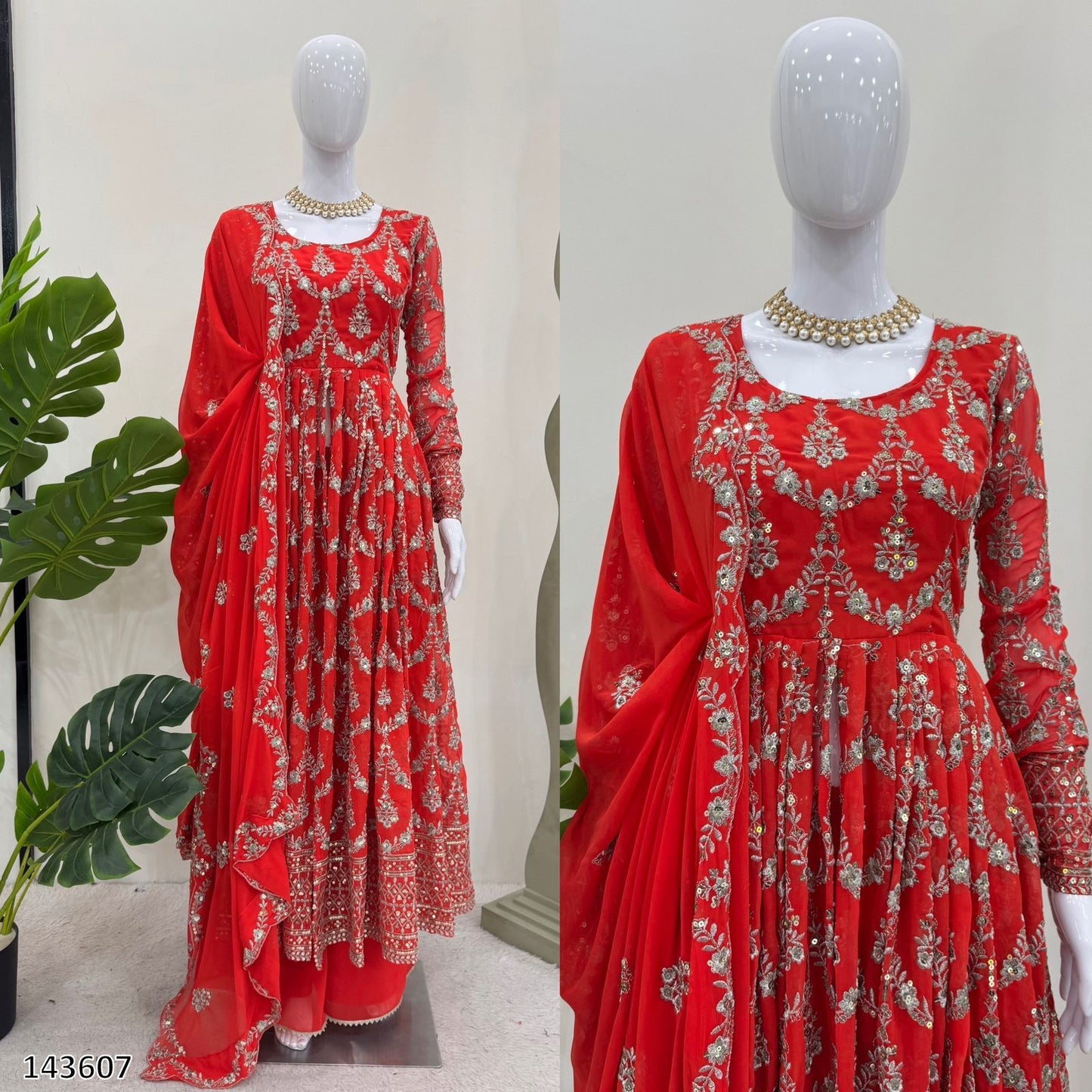 Red Gown Suit Dress For Karwa Chauth: Elegant Fox Georgette Party Wear Suit with Thread & Sequence Work