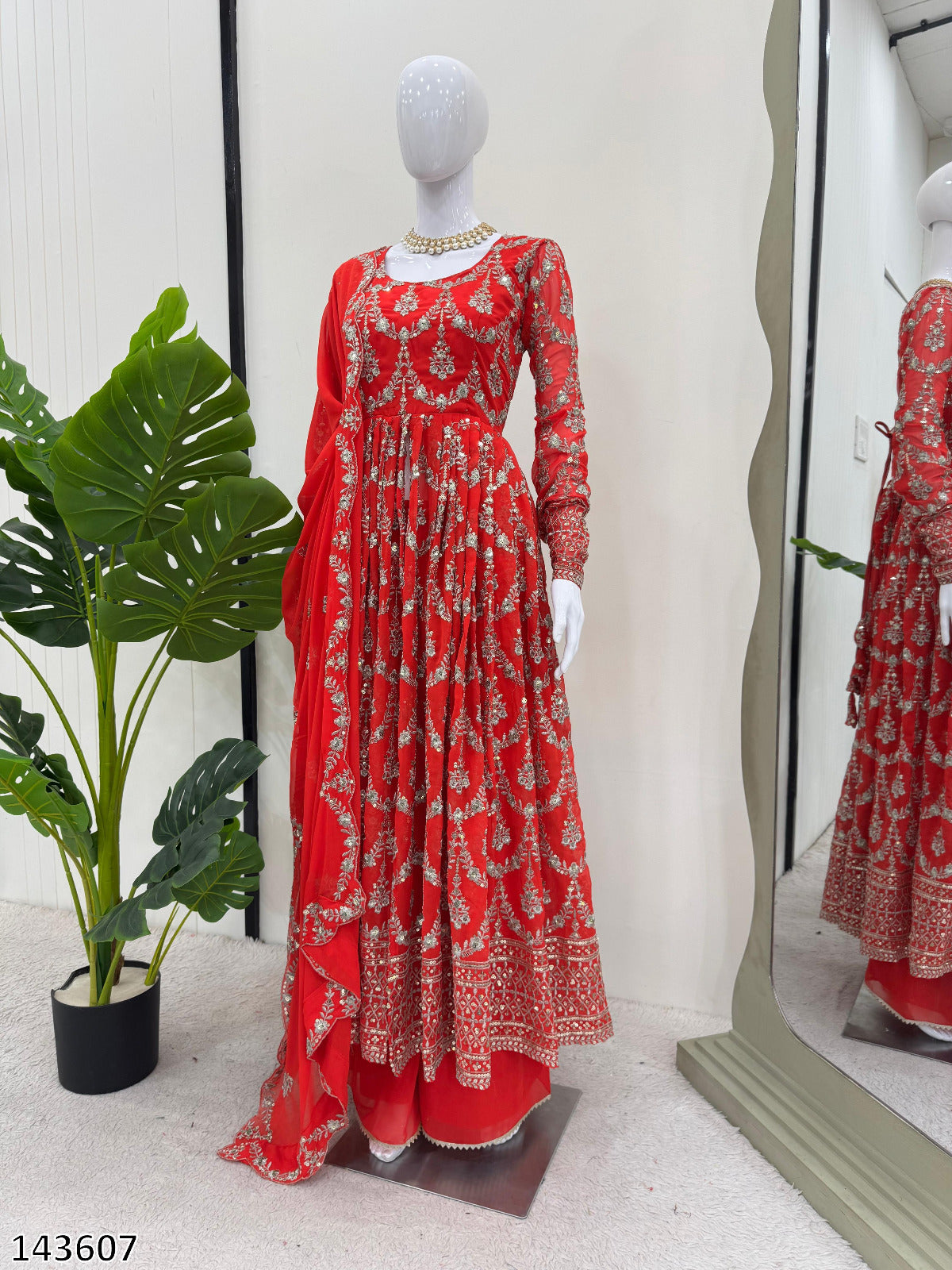 Red Gown Suit Dress For Karwa Chauth: Elegant Fox Georgette Party Wear Suit with Thread & Sequence Work