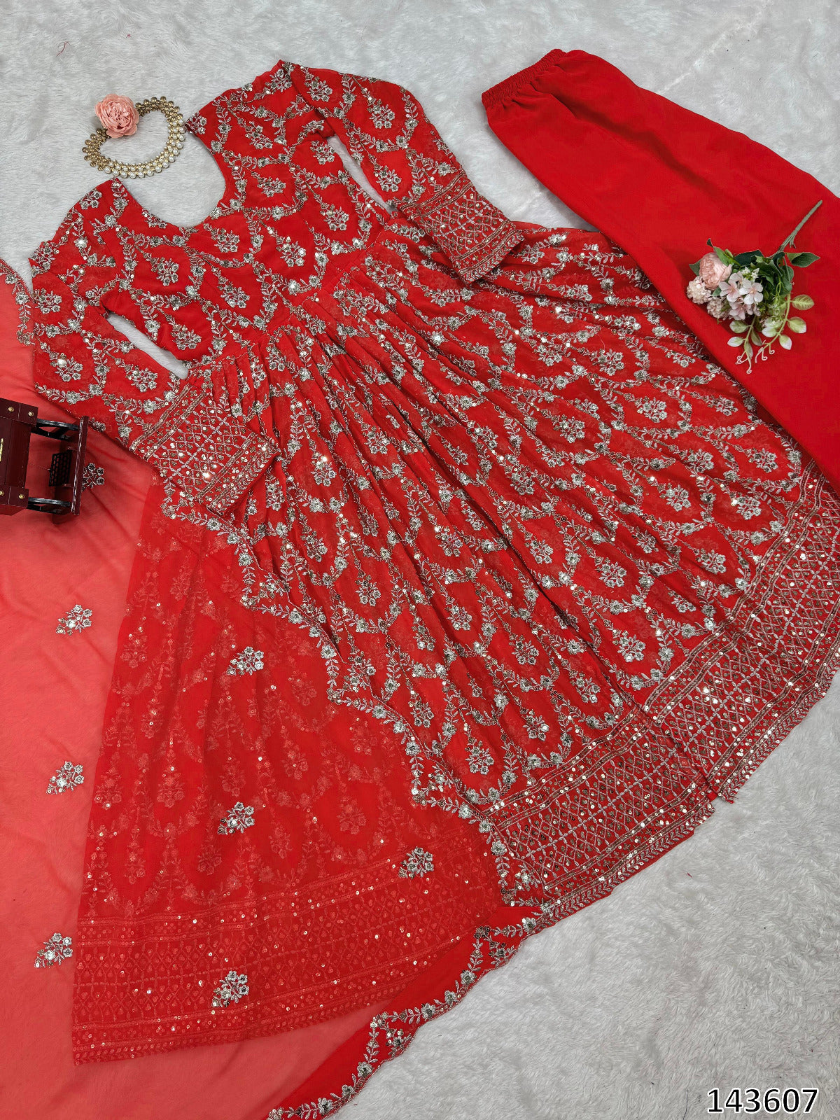 Red Gown Suit Dress For Karwa Chauth: Elegant Fox Georgette Party Wear Suit with Thread & Sequence Work