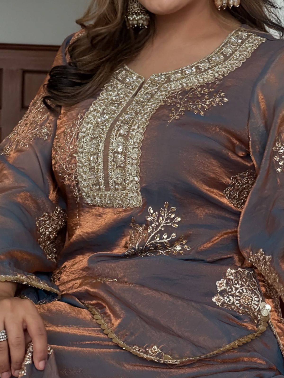 Premium 3-piece Ethnic Set: Heavy Fendy Silk Embroidered Grey Kurti Plazzo & Dupatta Set