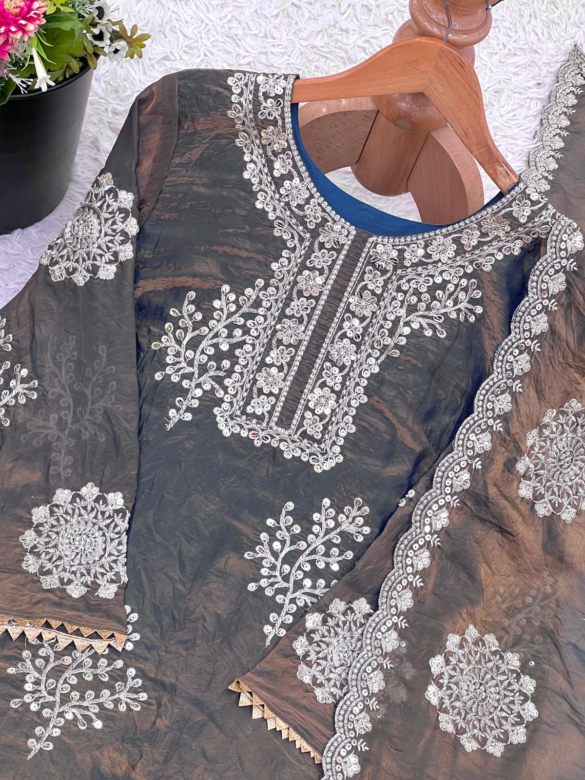 Premium 3-piece Ethnic Set: Heavy Fendy Silk Embroidered Grey Kurti Plazzo & Dupatta Set