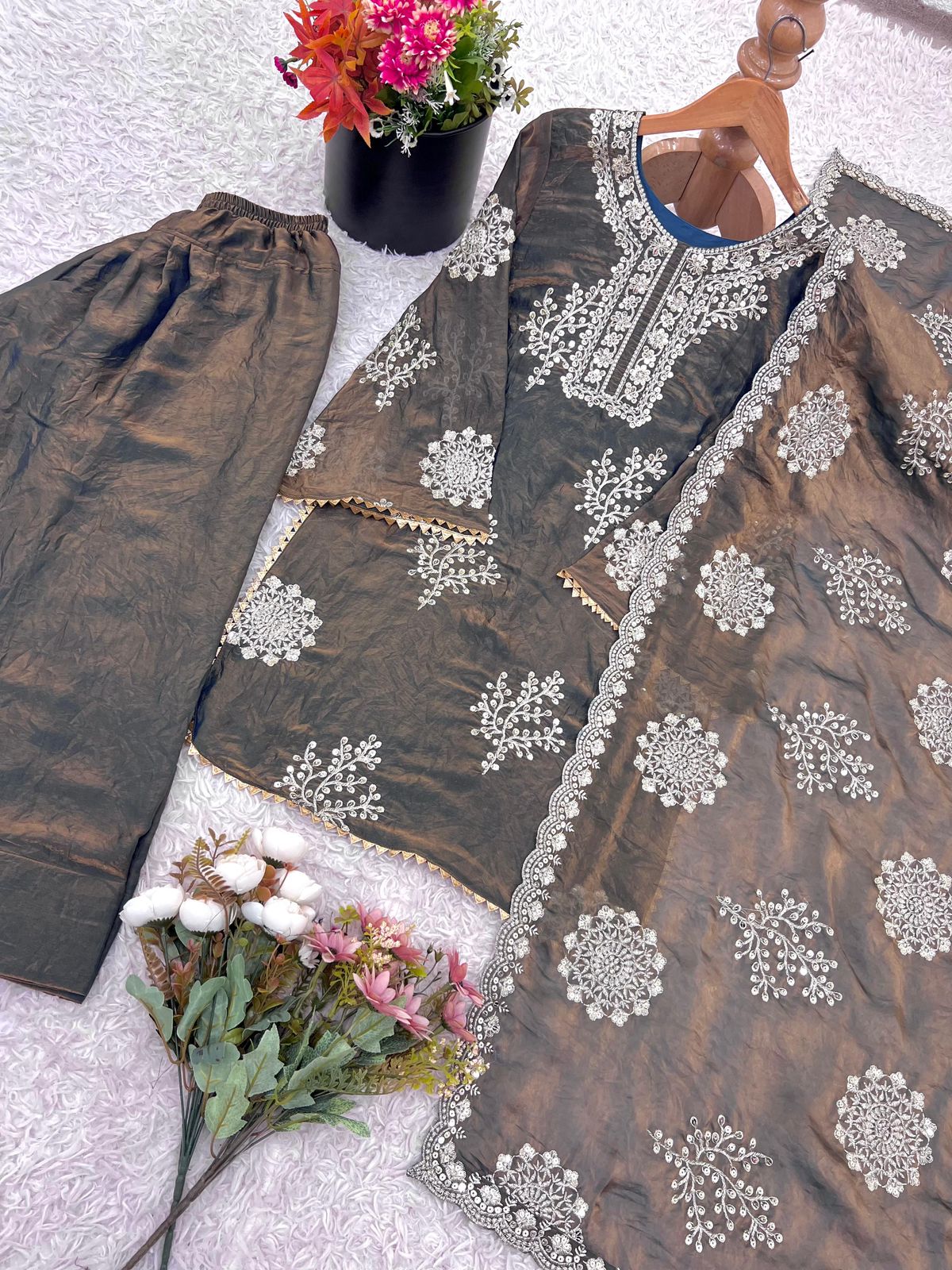 Premium 3-piece Ethnic Set: Heavy Fendy Silk Embroidered Grey Kurti Plazzo & Dupatta Set