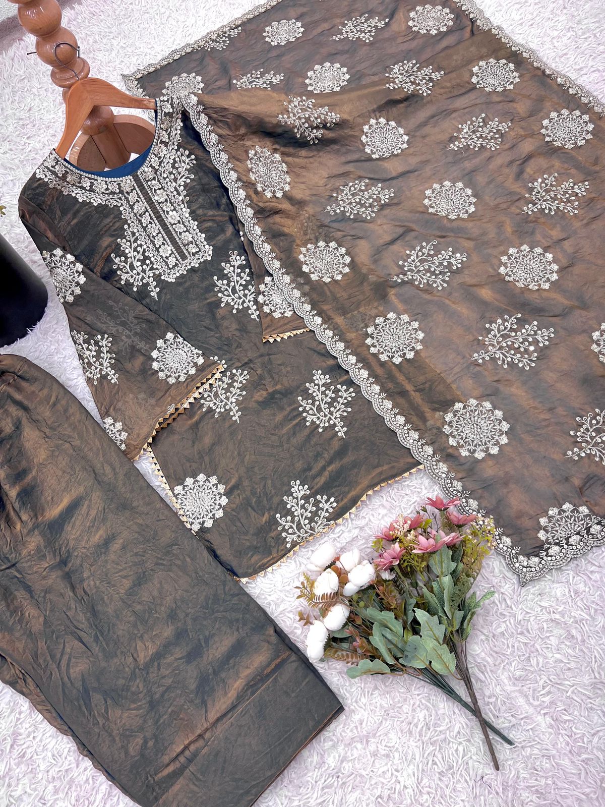 Premium 3-piece Ethnic Set: Heavy Fendy Silk Embroidered Grey Kurti Plazzo & Dupatta Set